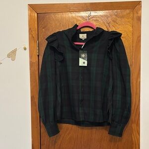 NWT Tuckernuck Black Watch Plaid Button Down Shirt with Ruffles Size Small